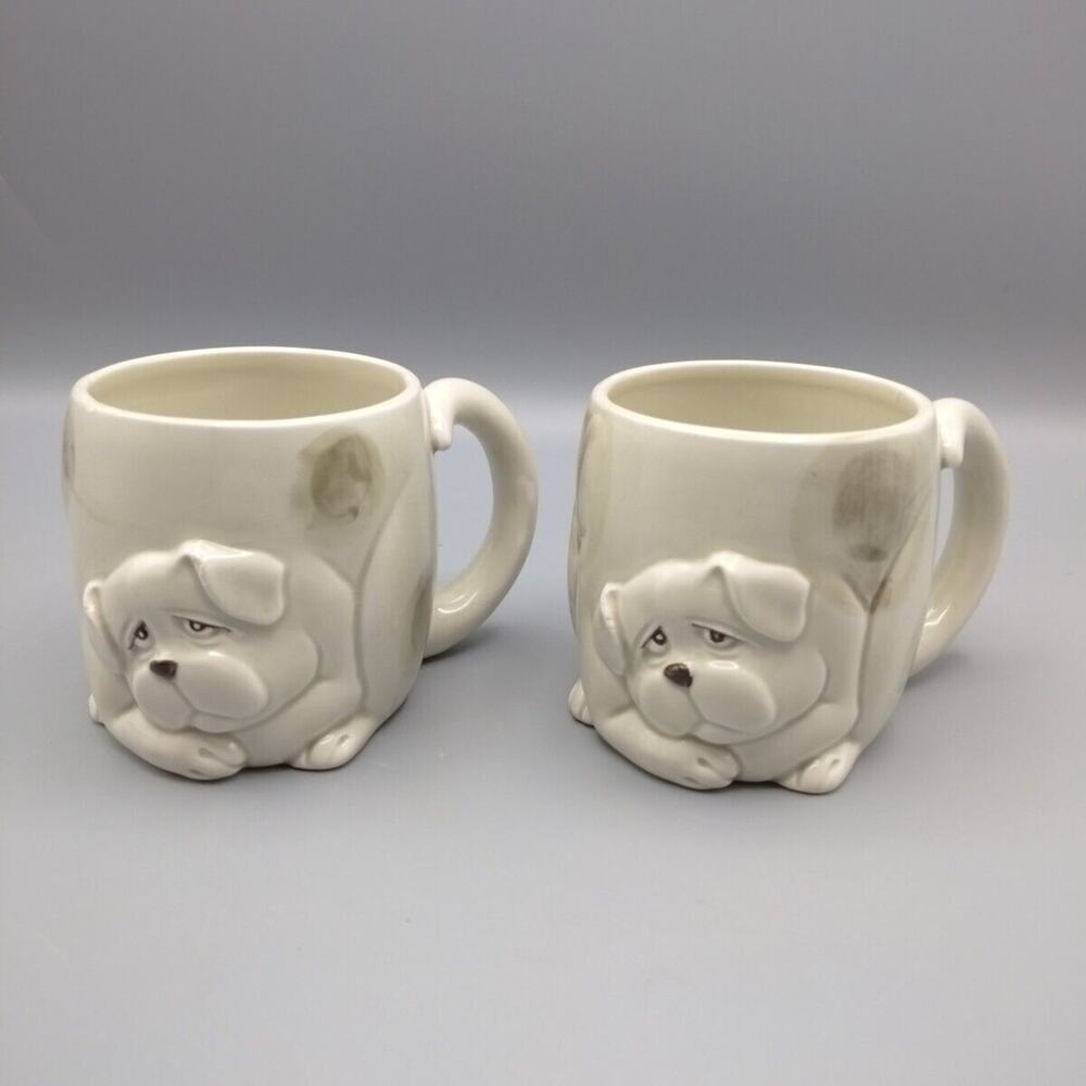 Fitz Floyd Coffee Mug Sad Tired Dog Hand Painted Japan Ceramic Lot of 2 Vtg